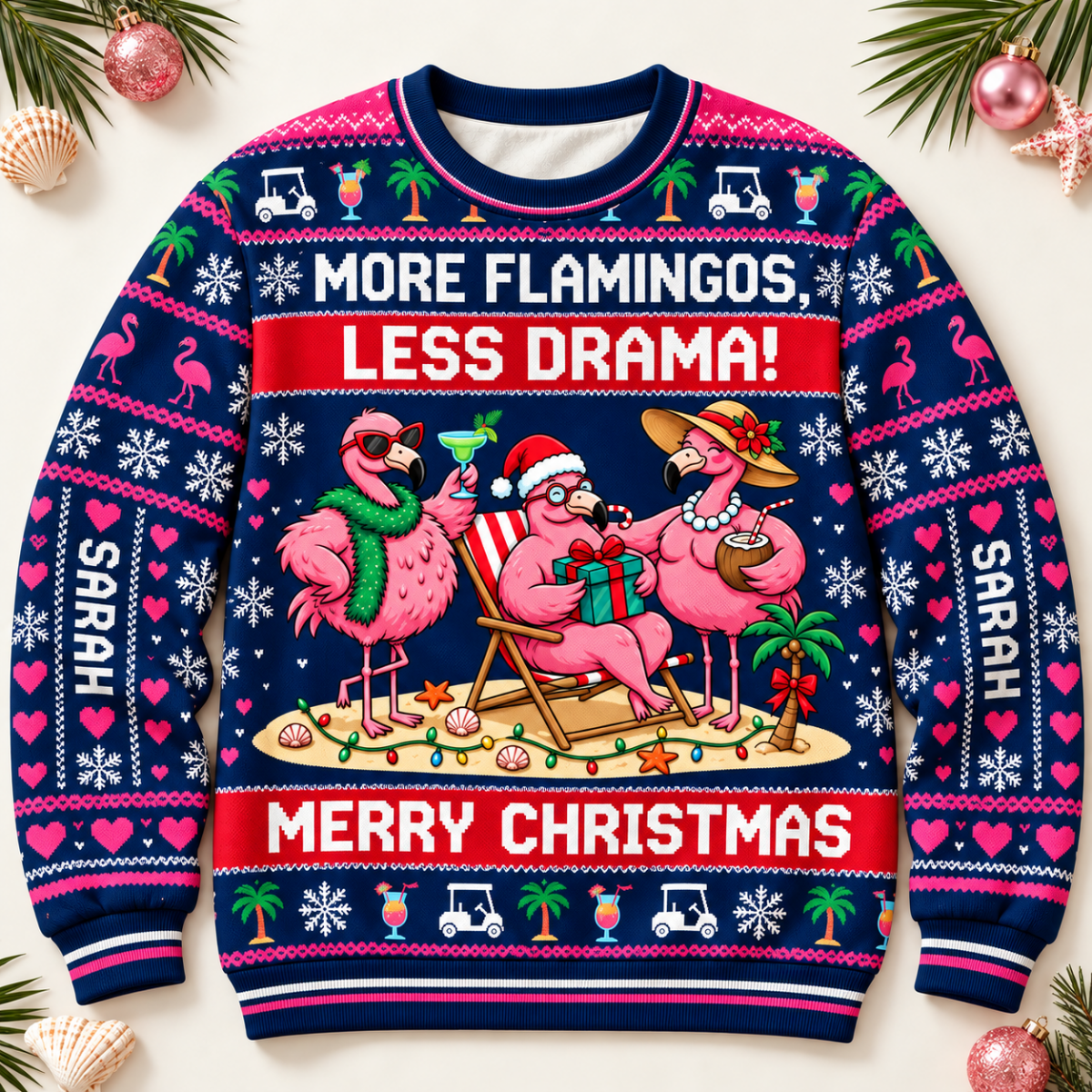 Personalized More Flamingos Less Drama Christmas Sweater & Hoodie - FlamingoAholic