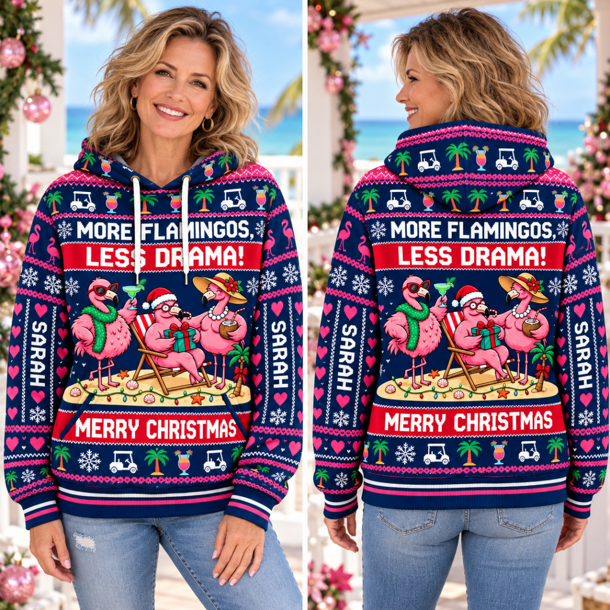 Personalized More Flamingos Less Drama Christmas Sweater & Hoodie - FlamingoAholic