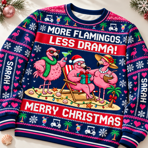 Personalized More Flamingos Less Drama Christmas Sweater & Hoodie - FlamingoAholic