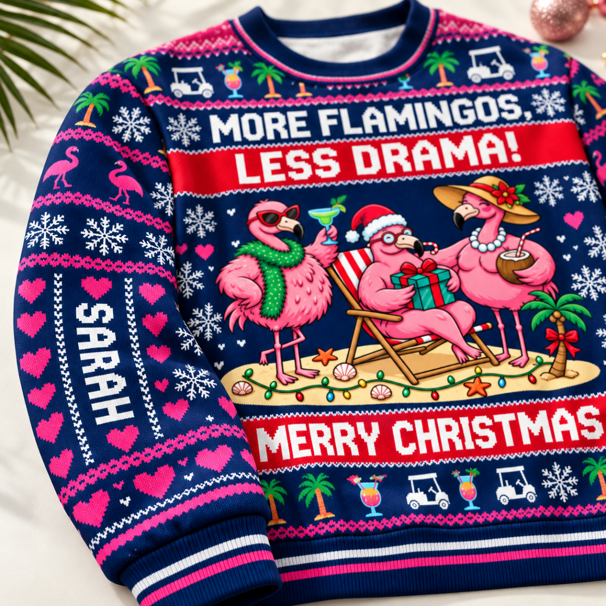 Personalized More Flamingos Less Drama Christmas Sweater & Hoodie - FlamingoAholic