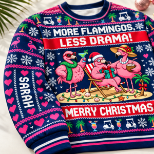 Personalized More Flamingos Less Drama Christmas Sweater & Hoodie - FlamingoAholic