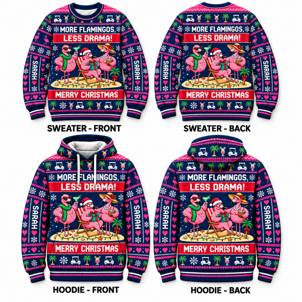 Personalized More Flamingos Less Drama Christmas Sweater & Hoodie - FlamingoAholic