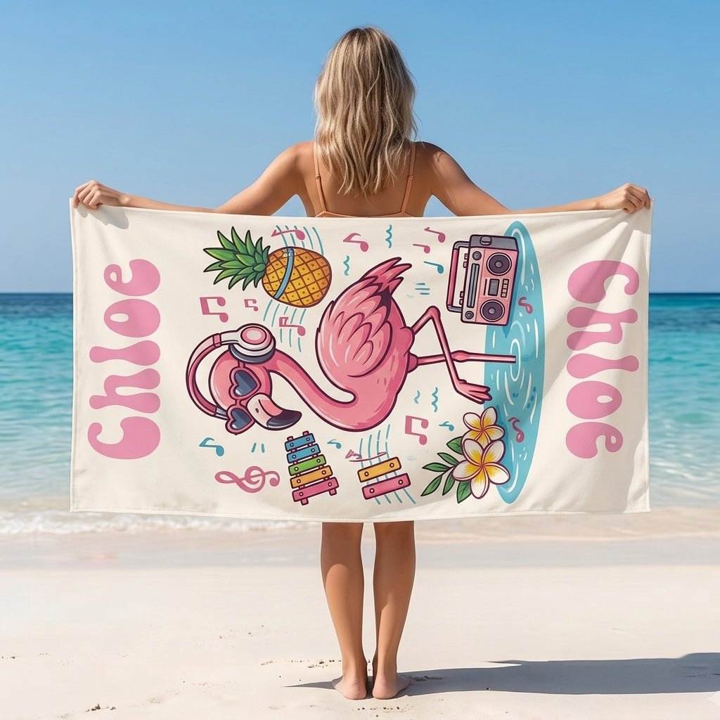 Personalized Music Flamingo Beach Towel - Fun Tropical Flamingo Custom Name Summer Vacation Gift - FlamingoAholic
