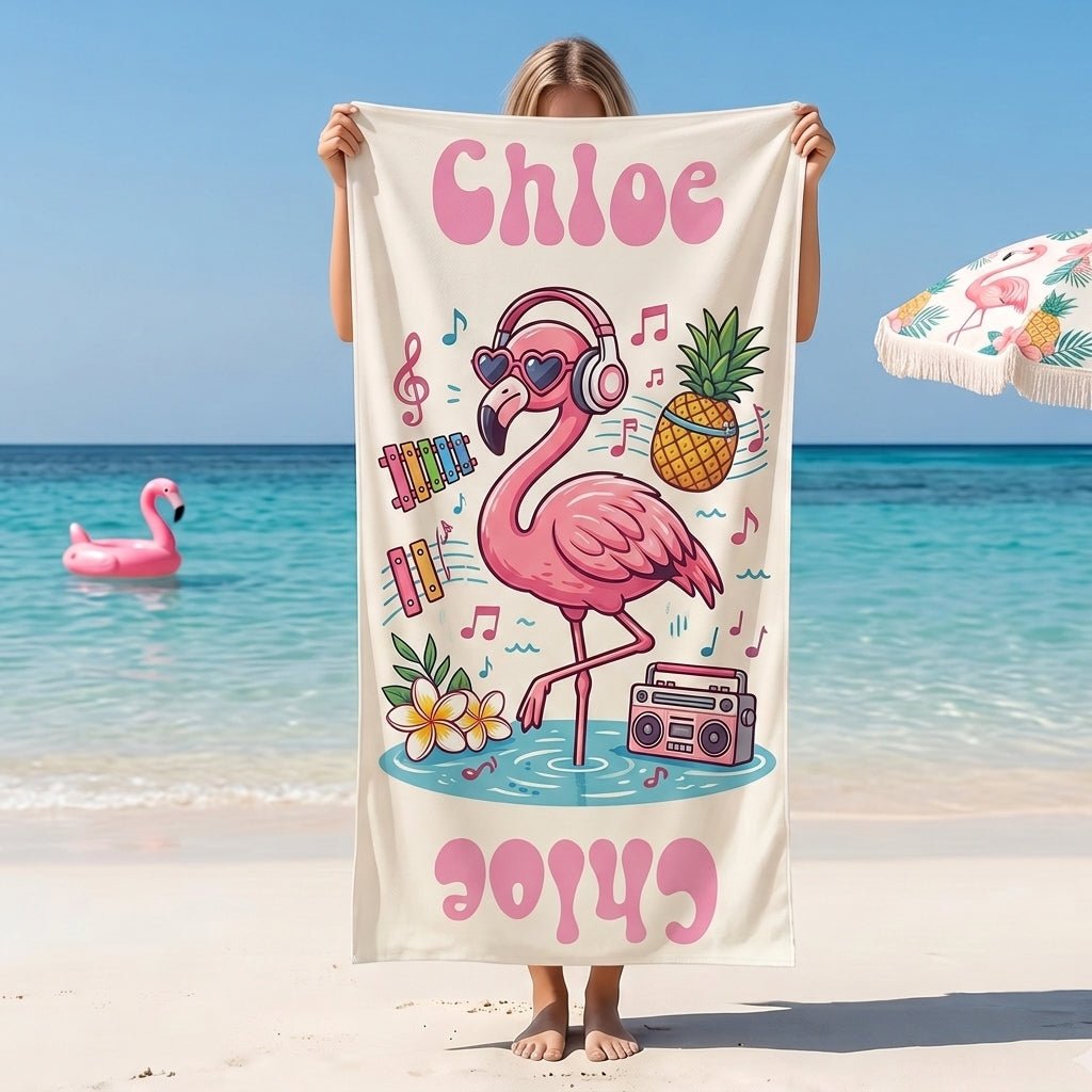 Personalized Music Flamingo Beach Towel - Fun Tropical Flamingo Custom Name Summer Vacation Gift - FlamingoAholic