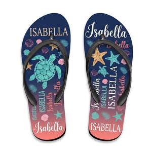 Personalized Navy Sea Turtle Flip Flops - Custom Name Beach Summer Sandals Gift - FlamingoAholic