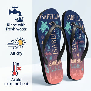 Personalized Navy Sea Turtle Flip Flops - Custom Name Beach Summer Sandals Gift - FlamingoAholic