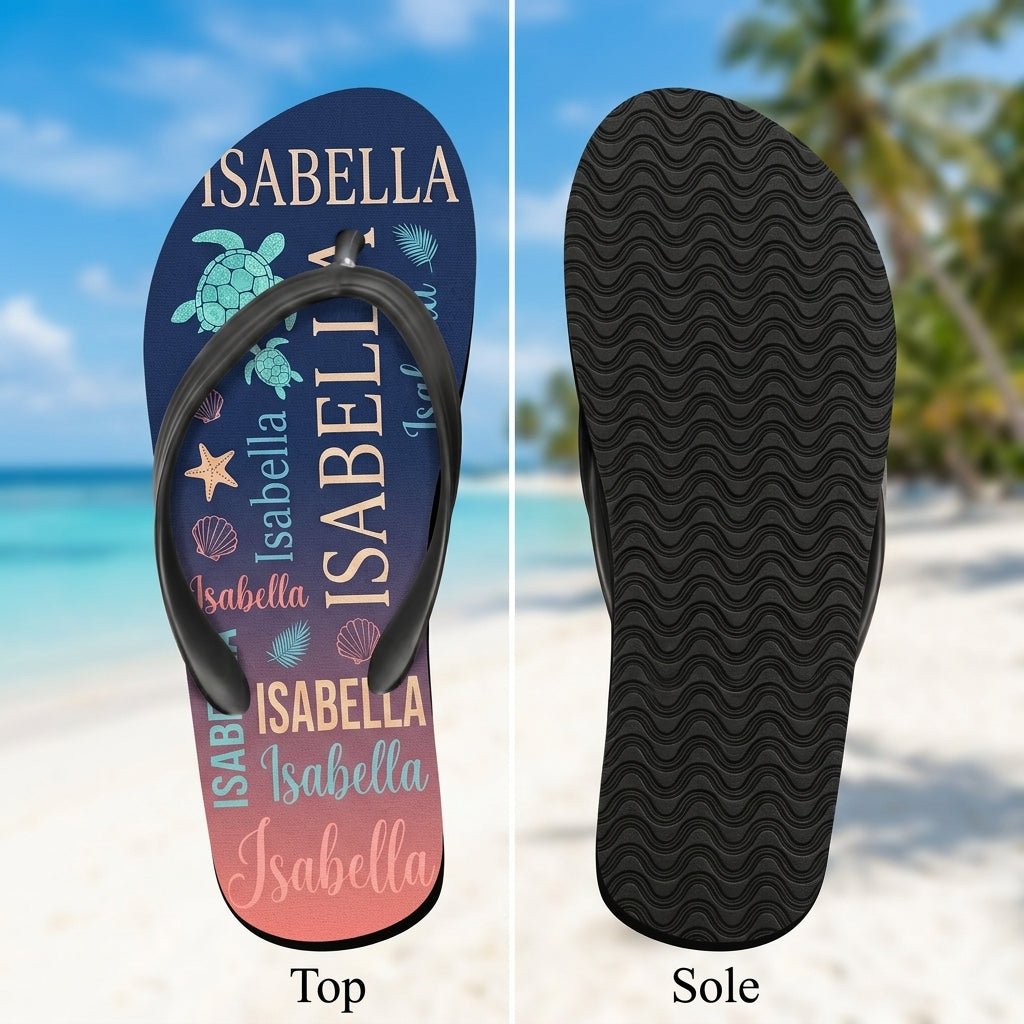 Personalized Navy Sea Turtle Flip Flops - Custom Name Beach Summer Sandals Gift - FlamingoAholic