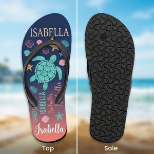 Personalized Navy Sea Turtle Flip Flops - Custom Name Beach Summer Sandals Gift - FlamingoAholic