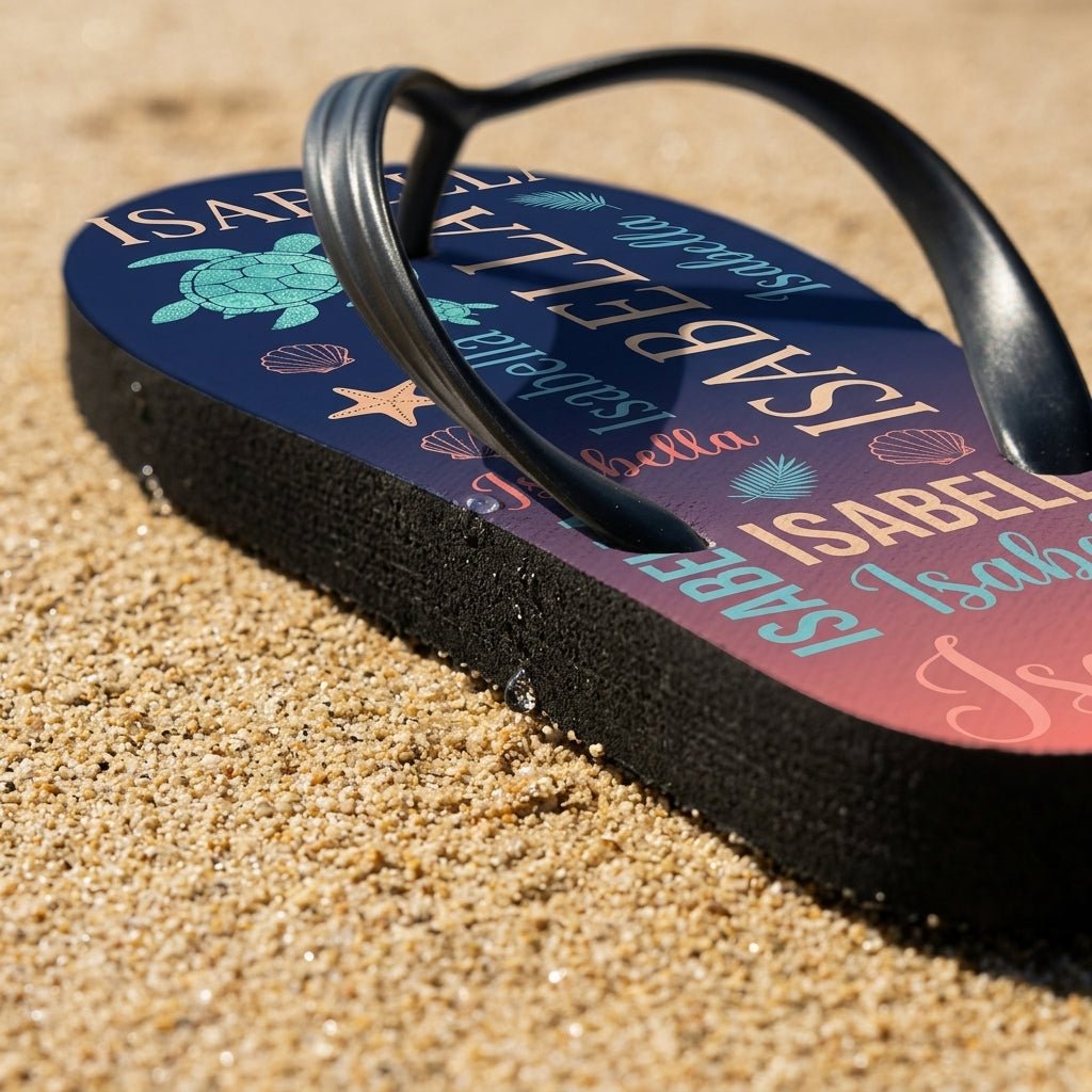 Personalized Navy Sea Turtle Flip Flops - Custom Name Beach Summer Sandals Gift - FlamingoAholic