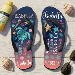 Personalized Navy Sea Turtle Flip Flops - Custom Name Beach Summer Sandals Gift - FlamingoAholic