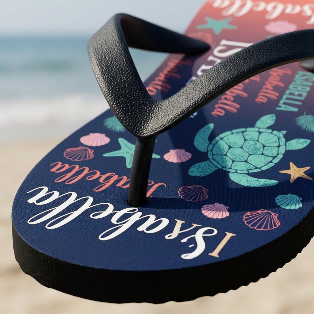 Personalized Navy Sea Turtle Flip Flops - Custom Name Beach Summer Sandals Gift - FlamingoAholic