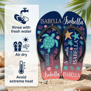 Personalized Navy Sea Turtle Flip Flops - Custom Name Beach Summer Sandals Gift - FlamingoAholic