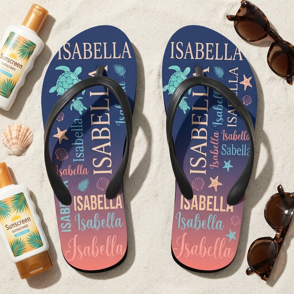 Personalized Navy Sea Turtle Flip Flops - Custom Name Beach Summer Sandals Gift - FlamingoAholic