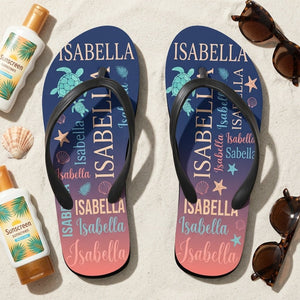 Personalized Navy Sea Turtle Flip Flops - Custom Name Beach Summer Sandals Gift - FlamingoAholic