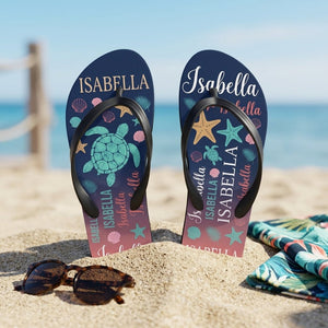 Personalized Navy Sea Turtle Flip Flops - Custom Name Beach Summer Sandals Gift - FlamingoAholic