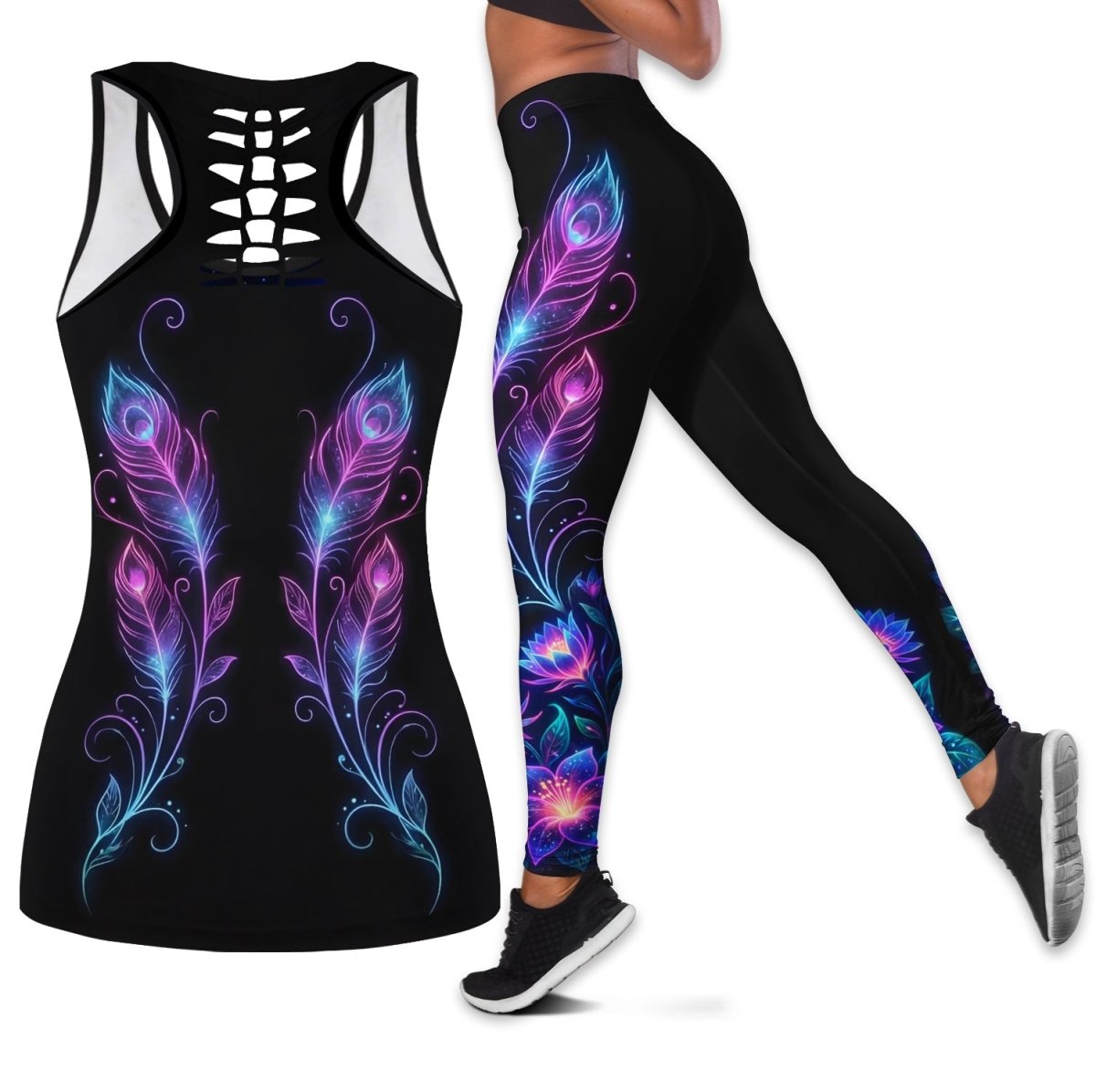 Personalized Neon Galaxy Flamingo Yoga Leggings and Tank Top Set - Custom Workout Outfit - FlamingoAholic