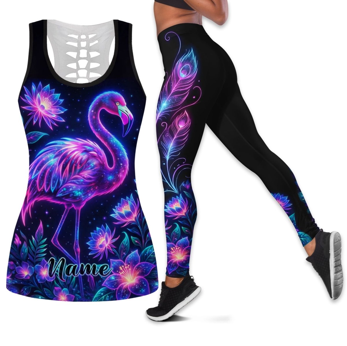 Personalized Neon Galaxy Flamingo Yoga Leggings and Tank Top Set - Custom Workout Outfit - FlamingoAholic