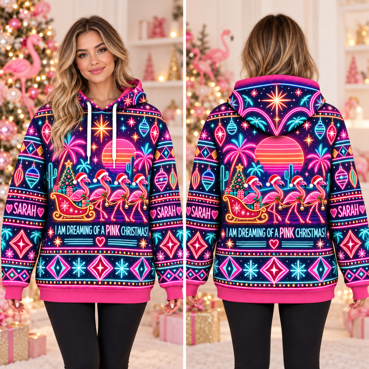Personalized Neon Pink Christmas Flamingo Sweater & Hoodie - FlamingoAholic