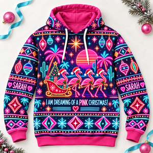 Personalized Neon Pink Christmas Flamingo Sweater & Hoodie - FlamingoAholic