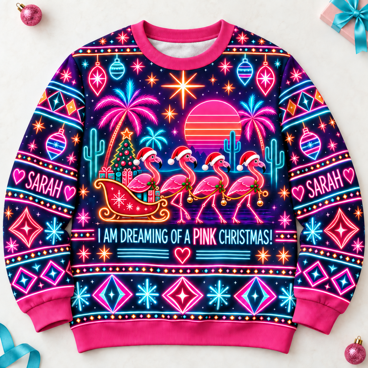 Personalized Neon Pink Christmas Flamingo Sweater & Hoodie - FlamingoAholic