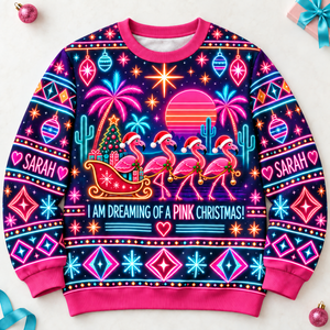 Personalized Neon Pink Christmas Flamingo Sweater & Hoodie - FlamingoAholic