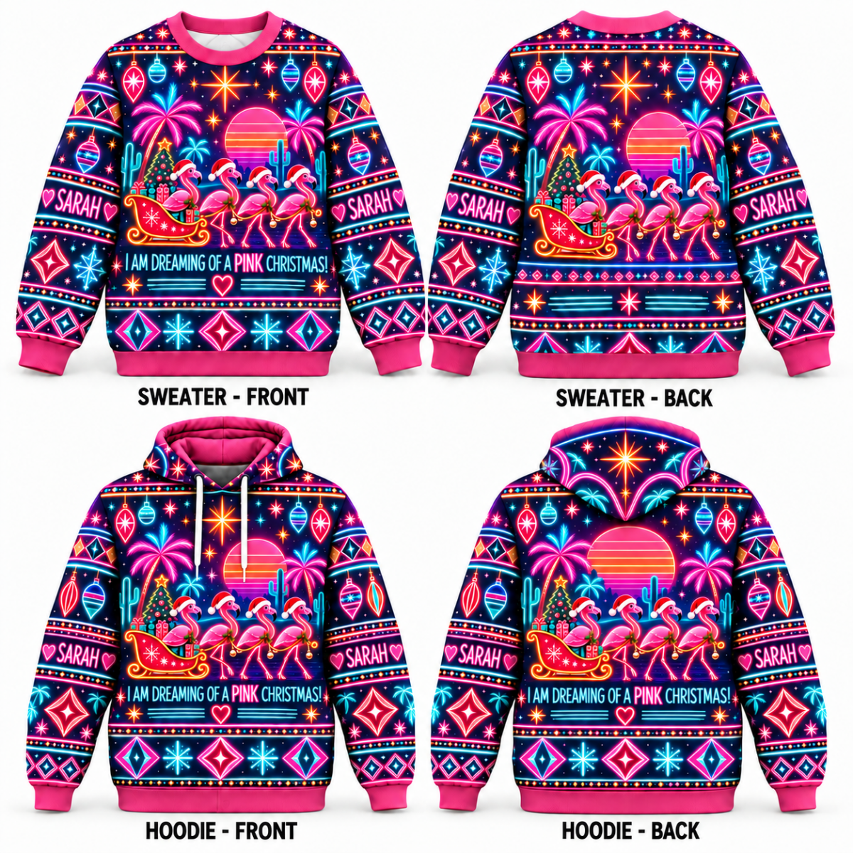 Personalized Neon Pink Christmas Flamingo Sweater & Hoodie - FlamingoAholic