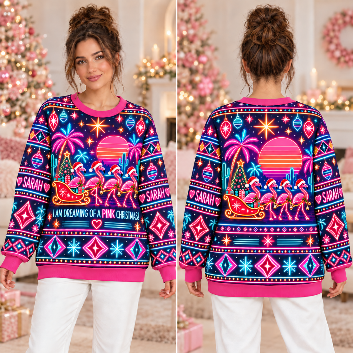 Personalized Neon Pink Christmas Flamingo Sweater & Hoodie - FlamingoAholic