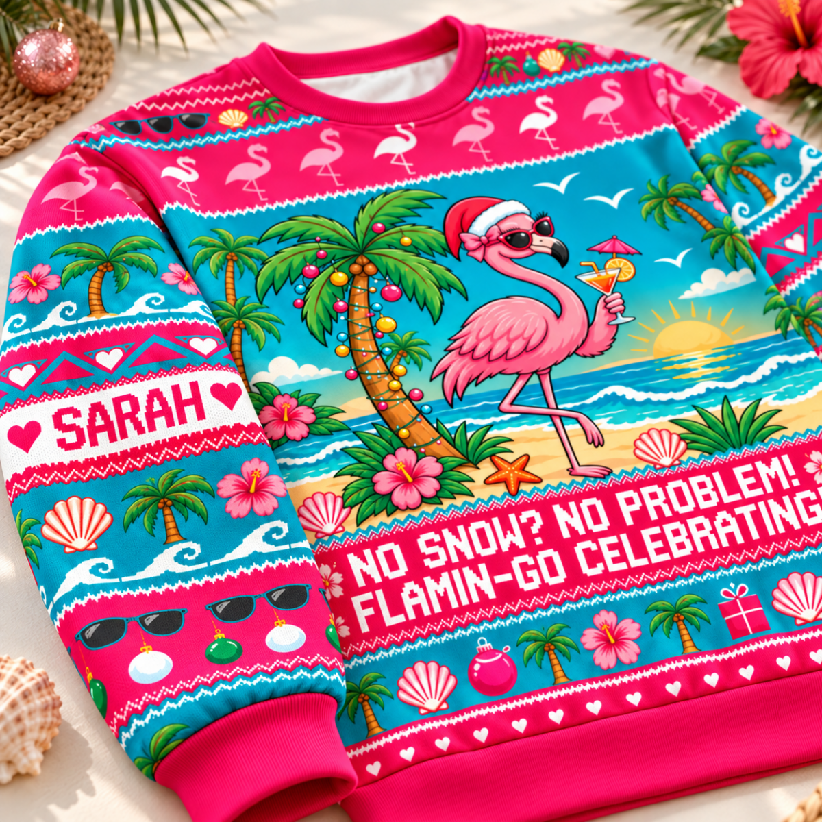 Personalized No Snow No Problem Flamingo Christmas Sweater & Hoodie - FlamingoAholic