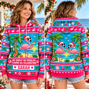 Personalized No Snow No Problem Flamingo Christmas Sweater & Hoodie - FlamingoAholic