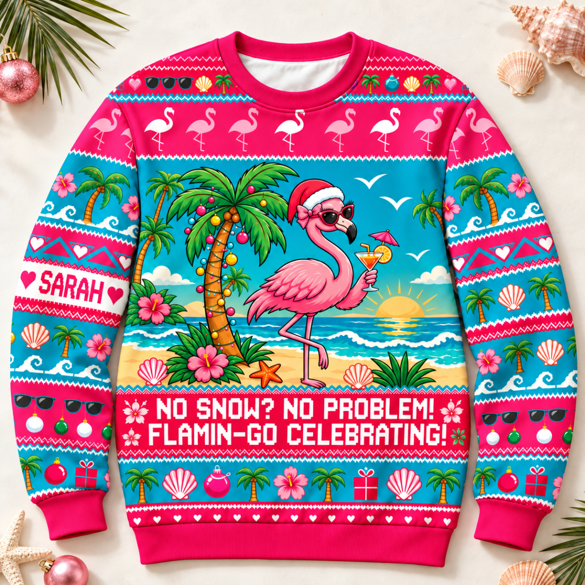 Personalized No Snow No Problem Flamingo Christmas Sweater & Hoodie - FlamingoAholic