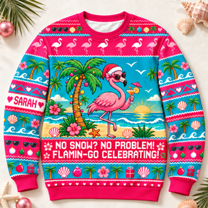 Personalized No Snow No Problem Flamingo Christmas Sweater & Hoodie - FlamingoAholic