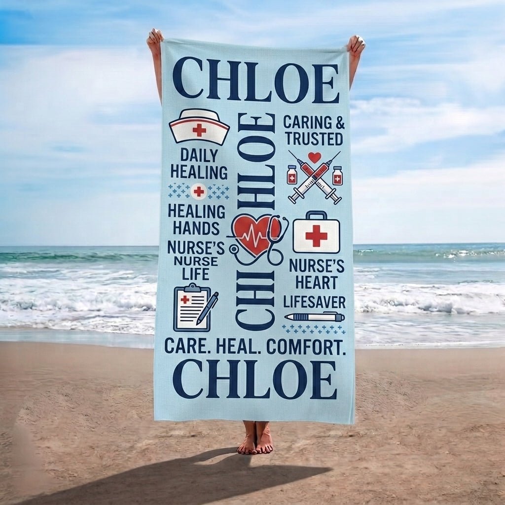 Personalized Nurse Beach Towel - Custom Name "Care. Heal. Comfort." Gift - FlamingoAholic