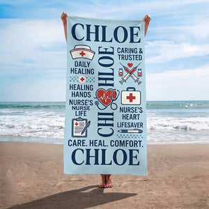 Personalized Nurse Beach Towel - Custom Name "Care. Heal. Comfort." Gift - FlamingoAholic