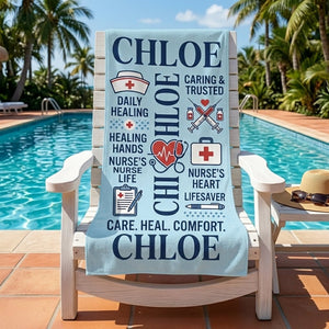 Personalized Nurse Beach Towel - Custom Name "Care. Heal. Comfort." Gift - FlamingoAholic
