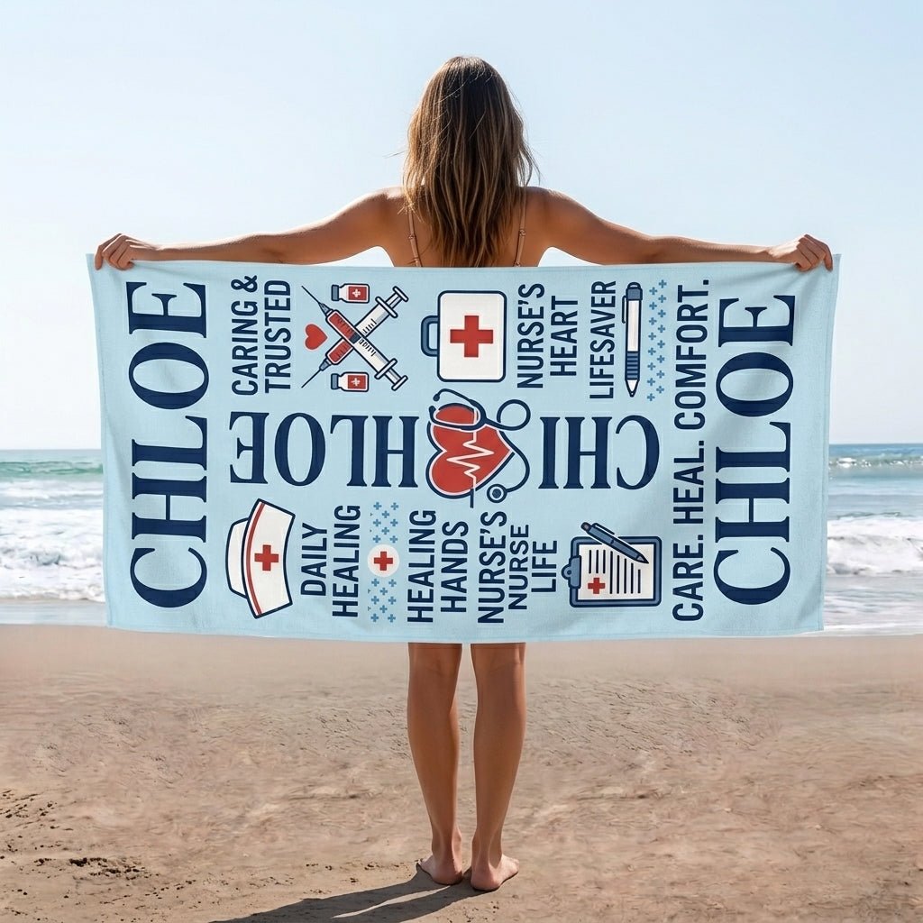 Personalized Nurse Beach Towel - Custom Name "Care. Heal. Comfort." Gift - FlamingoAholic