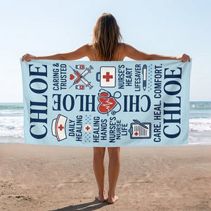 Personalized Nurse Beach Towel - Custom Name "Care. Heal. Comfort." Gift - FlamingoAholic