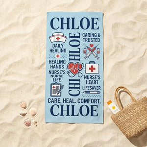 Personalized Nurse Beach Towel - Custom Name "Care. Heal. Comfort." Gift - FlamingoAholic