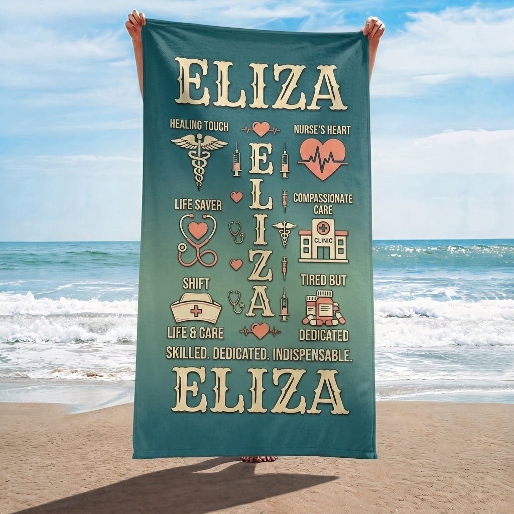Personalized Nurse Beach Towel - Custom Name "Skilled. Dedicated. Indispensable." - FlamingoAholic