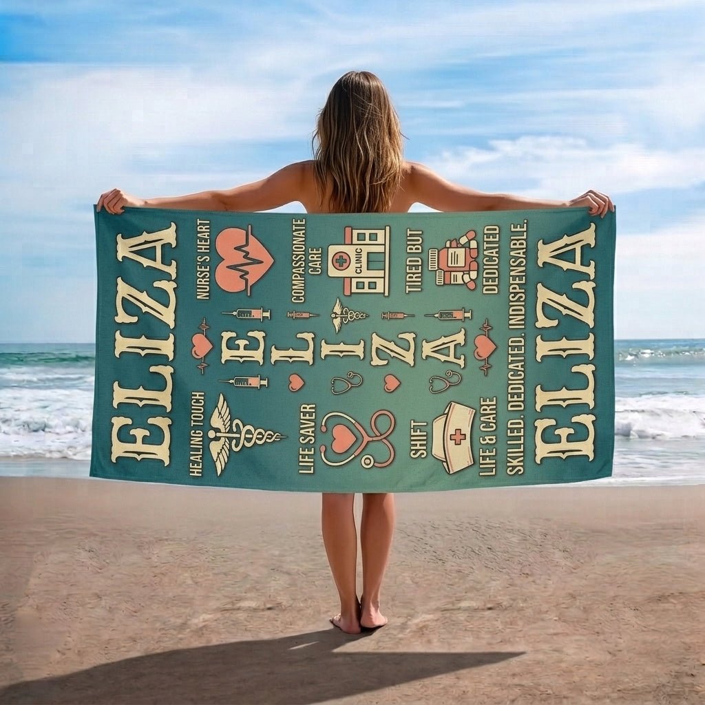Personalized Nurse Beach Towel - Custom Name "Skilled. Dedicated. Indispensable." - FlamingoAholic
