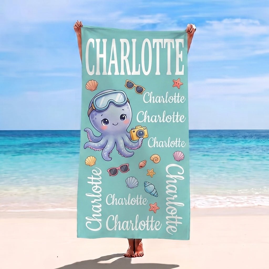 Personalized Octopus Beach Towel - Cute Underwater Explorer Custom Name Summer Vacation Gift - FlamingoAholic