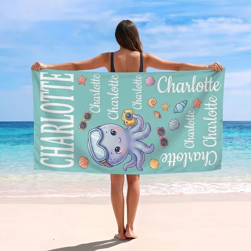 Personalized Octopus Beach Towel - Cute Underwater Explorer Custom Name Summer Vacation Gift - FlamingoAholic