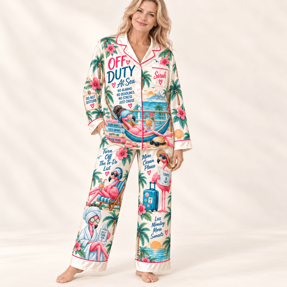 Personalized Off Duty at Sea Flamingo Cruise Satin Pajama Set for Women - FlamingoAholic