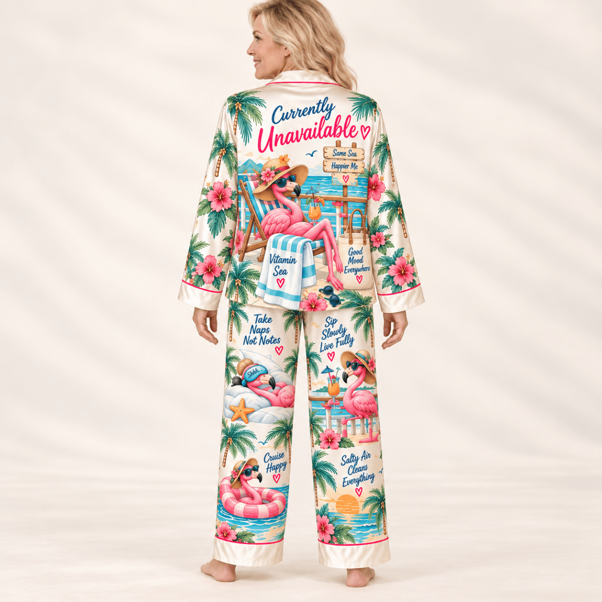 Personalized Off Duty at Sea Flamingo Cruise Satin Pajama Set for Women - FlamingoAholic