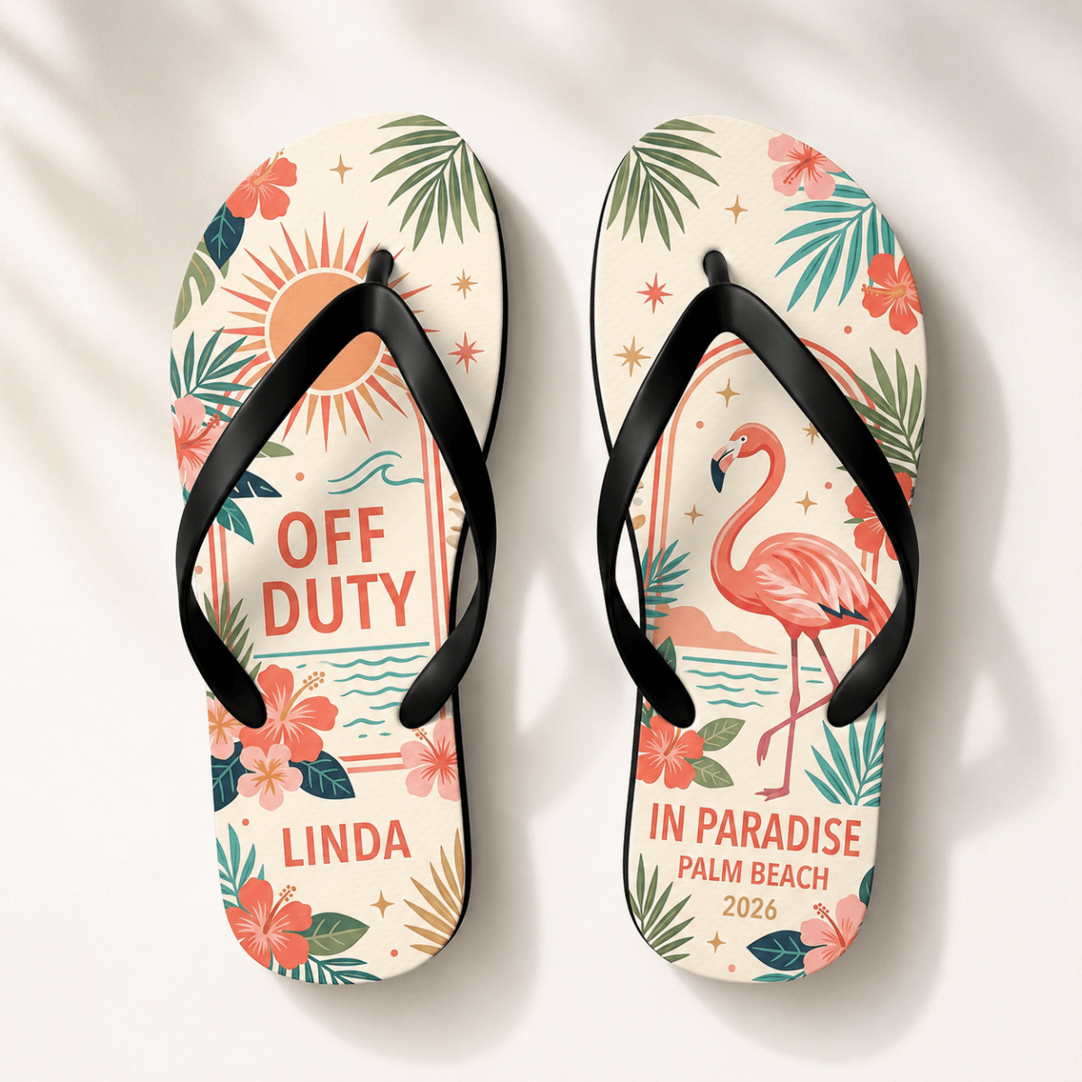 Personalized Off Duty In Paradise Flip Flops for Women | Custom Flamingo Beach Sandals | Tropical Vacation Gift - FlamingoAholic