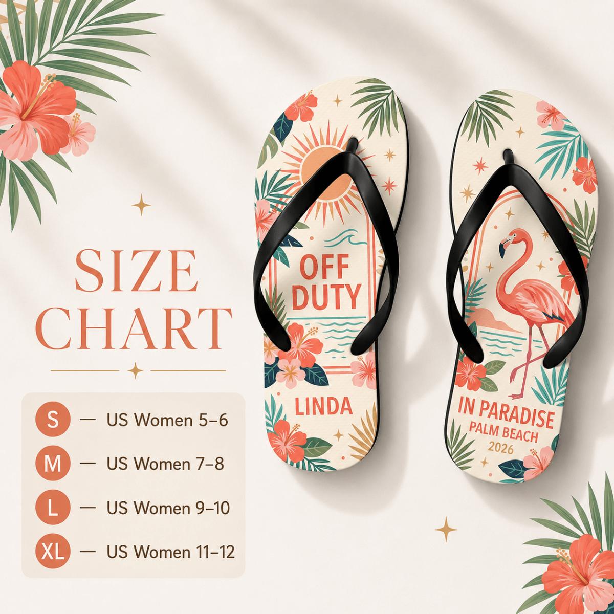 Personalized Off Duty In Paradise Flip Flops for Women | Custom Flamingo Beach Sandals | Tropical Vacation Gift - FlamingoAholic
