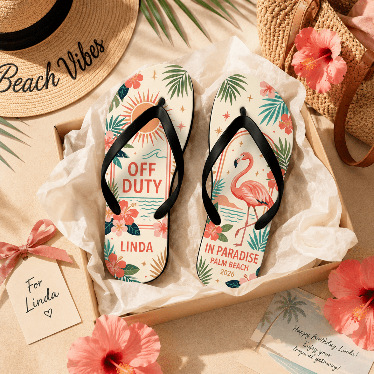 Personalized Off Duty In Paradise Flip Flops for Women | Custom Flamingo Beach Sandals | Tropical Vacation Gift - FlamingoAholic
