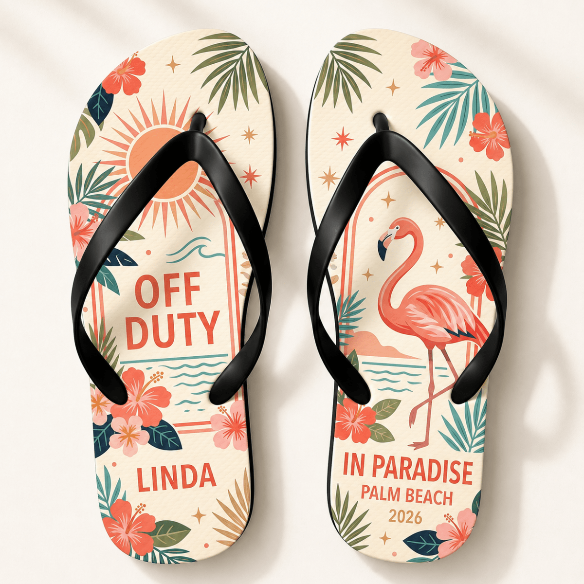 Personalized Off Duty In Paradise Flip Flops for Women | Custom Flamingo Beach Sandals | Tropical Vacation Gift - FlamingoAholic