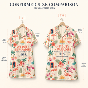 Personalized Off Duty in Paradise Satin Pajama Shirt Dress | Flamingo Vacation Sleep Shirt | Palm Beach Resort Sleepwear - FlamingoAholic