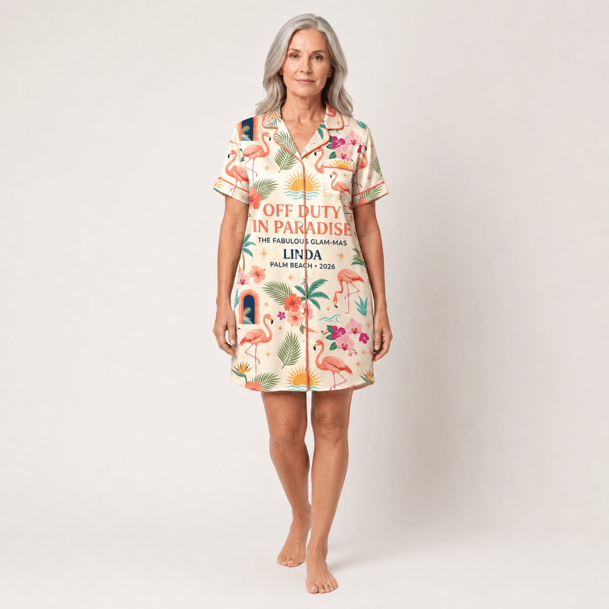 Personalized Off Duty in Paradise Satin Pajama Shirt Dress | Flamingo Vacation Sleep Shirt | Palm Beach Resort Sleepwear - FlamingoAholic