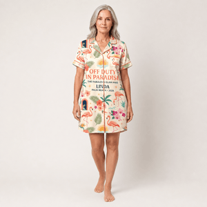 Personalized Off Duty in Paradise Satin Pajama Shirt Dress | Flamingo Vacation Sleep Shirt | Palm Beach Resort Sleepwear - FlamingoAholic